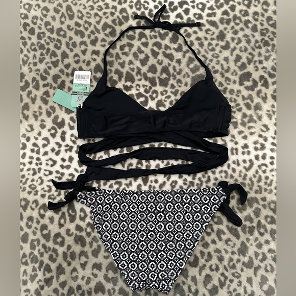 Shekini Women’s Criss Cross Black Halter Bandage Bikini Geometric Bottoms Small - Picture 5 of 16
